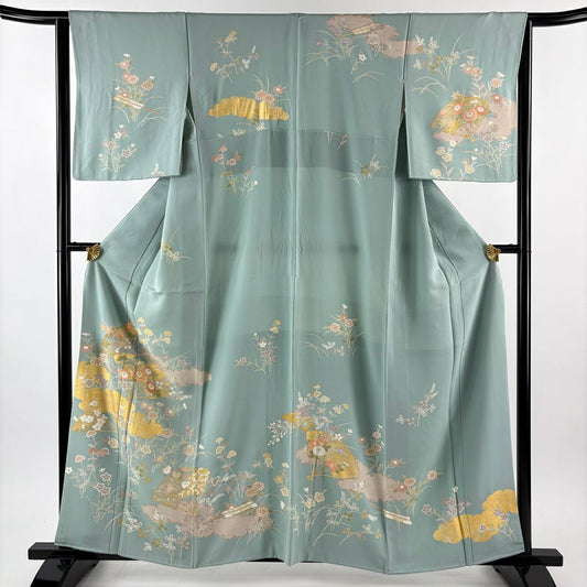 訪問服 身長158cm 袖長64cm M 雙層 扇子 雲紋 金絲 金銀彩 淺綠 純蠶絲 名品級