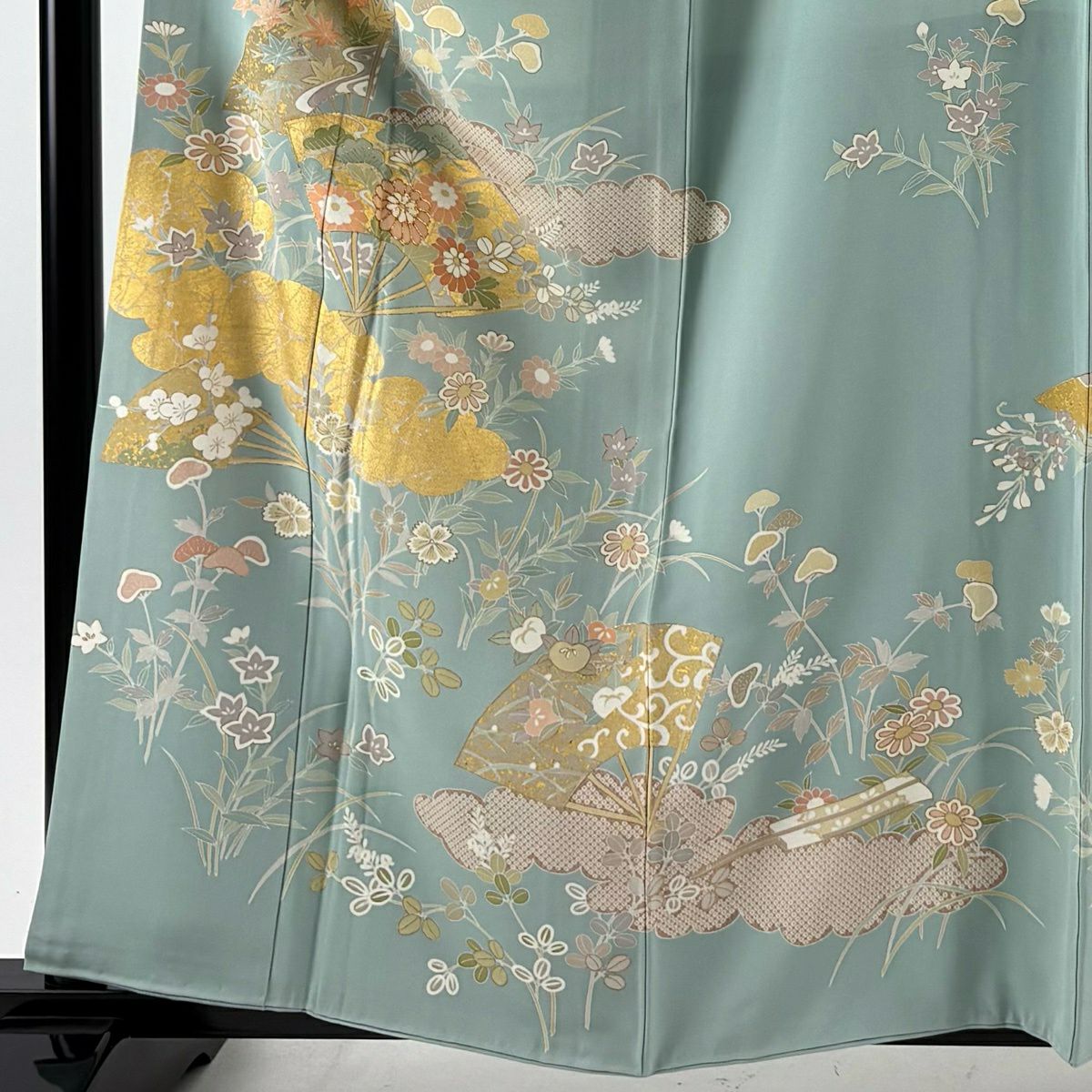 訪問服 身長158cm 袖長64cm M 雙層 扇子 雲紋 金絲 金銀彩 淺綠 純蠶絲 名品級