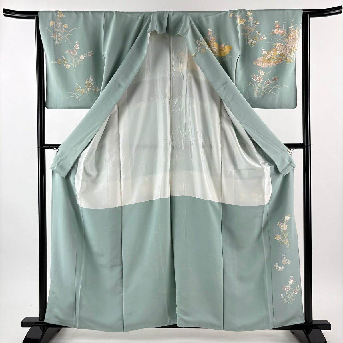 訪問服 身長158cm 袖長64cm M 雙層 扇子 雲紋 金絲 金銀彩 淺綠 純蠶絲 名品級