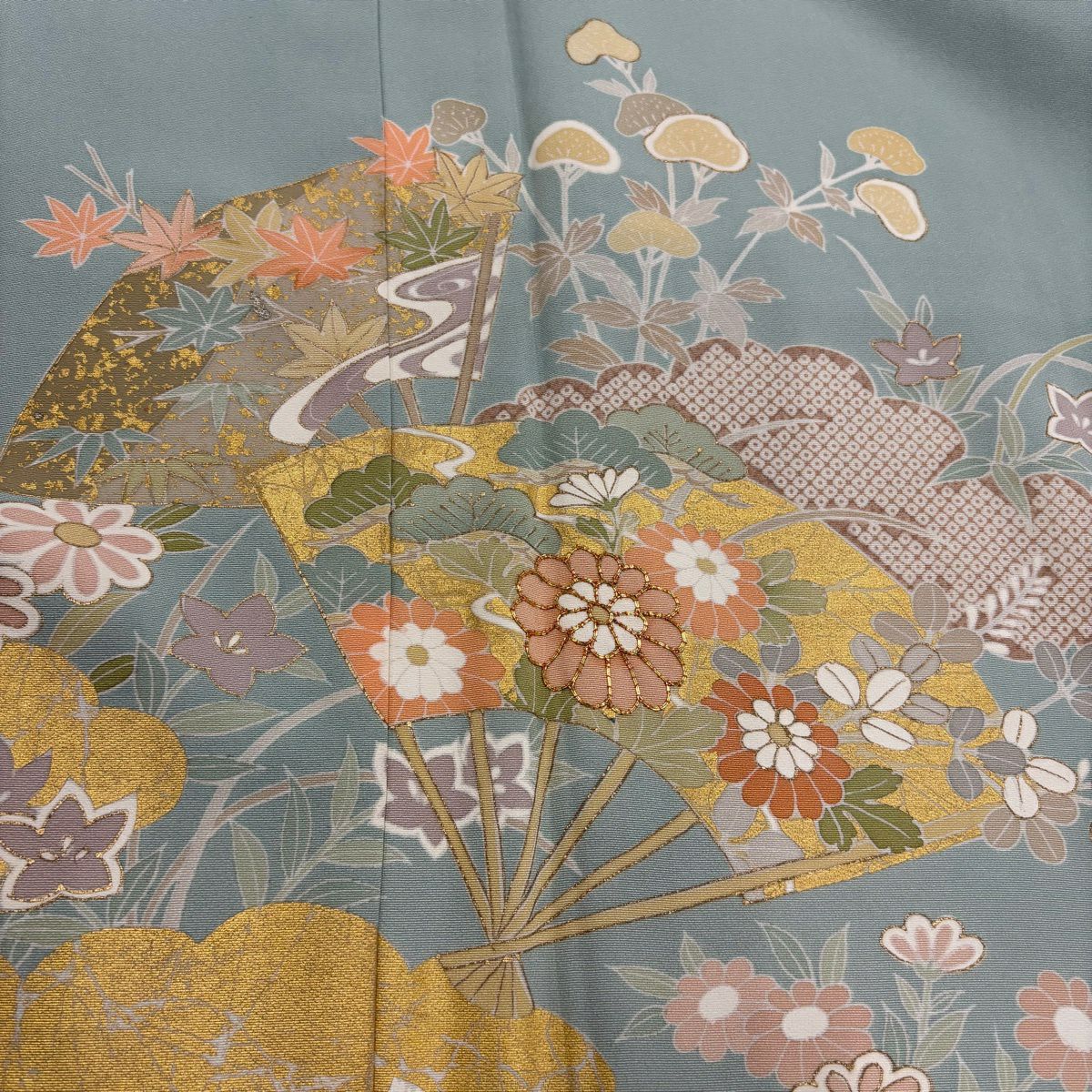 訪問服 身長158cm 袖長64cm M 雙層 扇子 雲紋 金絲 金銀彩 淺綠 純蠶絲 名品級