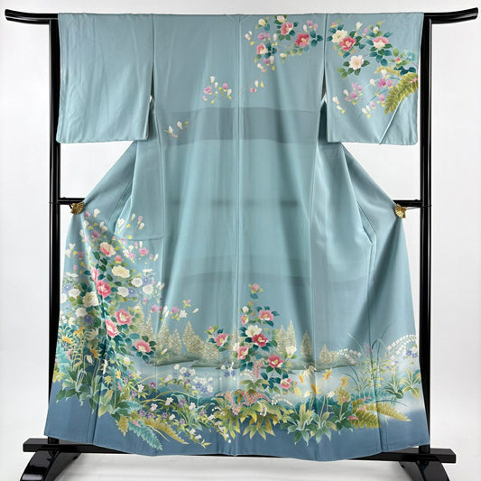 訪問服 身長157cm 袖長63.5cm S 雙層 牡丹 椿 漸層 染分 水藍色 純蠶絲 名品級