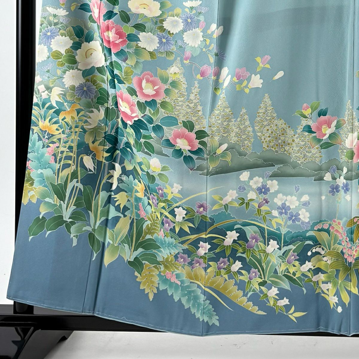 訪問服 身長157cm 袖長63.5cm S 雙層 牡丹 椿 漸層 染分 水藍色 純蠶絲 名品級