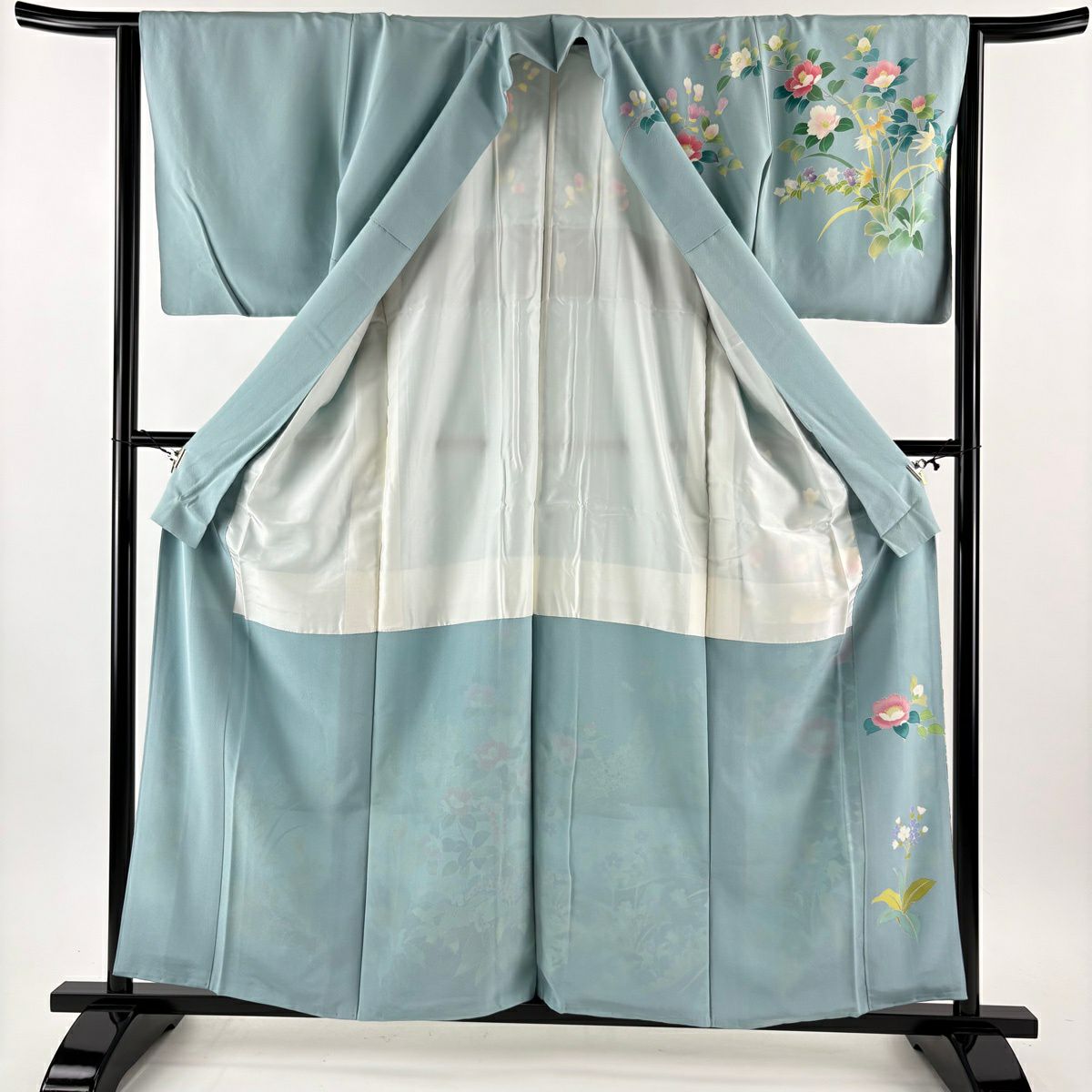 訪問服 身長157cm 袖長63.5cm S 雙層 牡丹 椿 漸層 染分 水藍色 純蠶絲 名品級