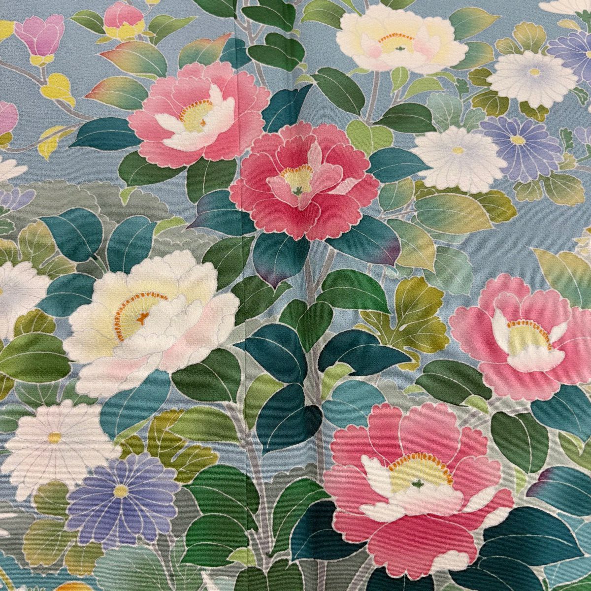 訪問服 身長157cm 袖長63.5cm S 雙層 牡丹 椿 漸層 染分 水藍色 純蠶絲 名品級