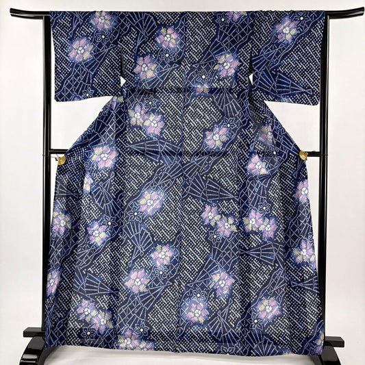 【美品】 浴衣 身長164.5cm 袖長64.5cm M 絞染浴衣 花 扇子 深藍 純棉 名品級