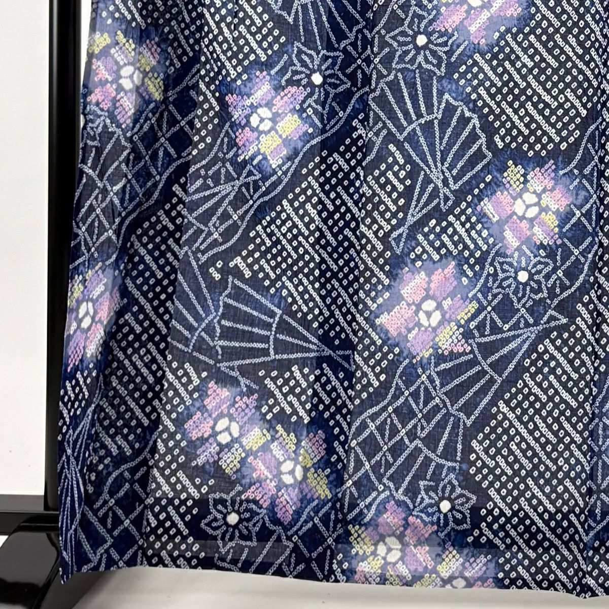 【美品】 浴衣 身長164.5cm 袖長64.5cm M 絞染浴衣 花 扇子 深藍 純棉 名品級