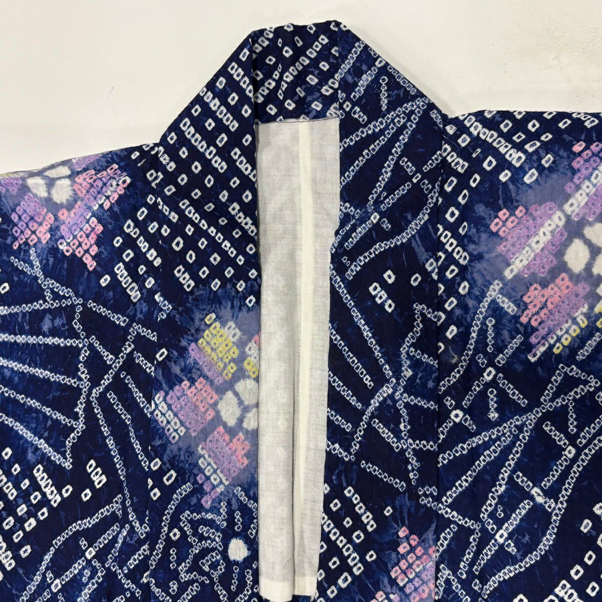 【美品】 浴衣 身長164.5cm 袖長64.5cm M 絞染浴衣 花 扇子 深藍 純棉 名品級