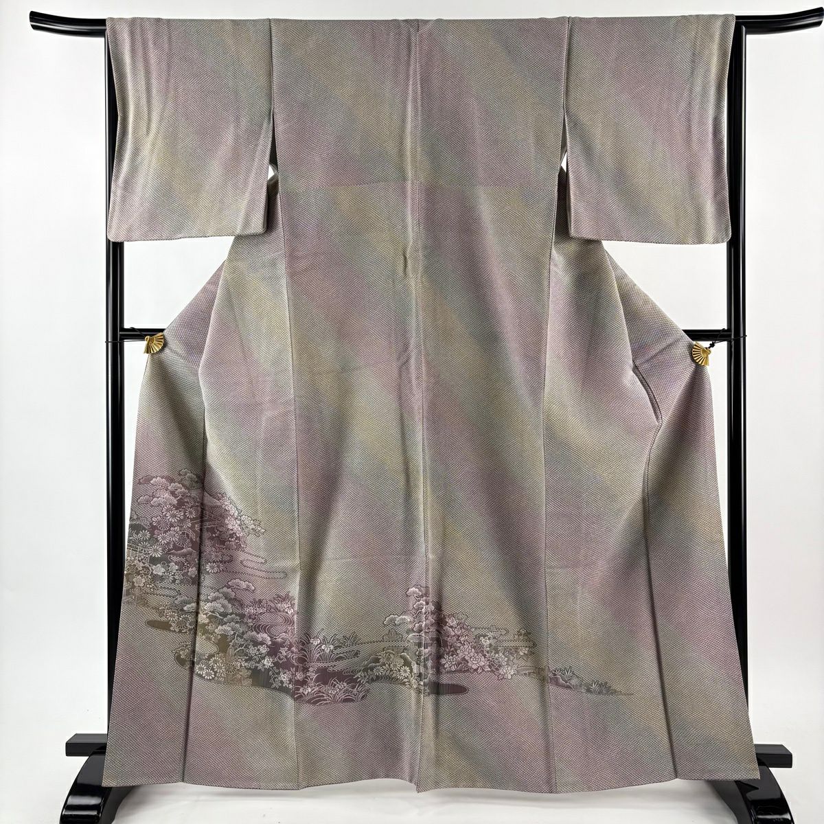 【美品】 付下 身長165cm 袖長65cm M 雙層 建物 松樹梅花 漸層 紅紫 純蠶絲 名品級