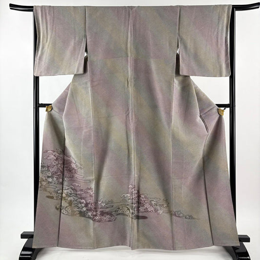 【美品】 付下 身長165cm 袖長65cm M 雙層 建物 松樹梅花 漸層 紅紫 純蠶絲 名品級