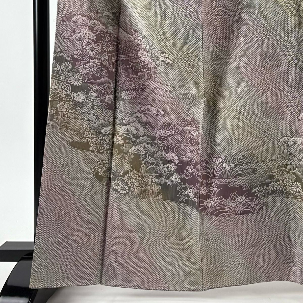 【美品】 付下 身長165cm 袖長65cm M 雙層 建物 松樹梅花 漸層 紅紫 純蠶絲 名品級