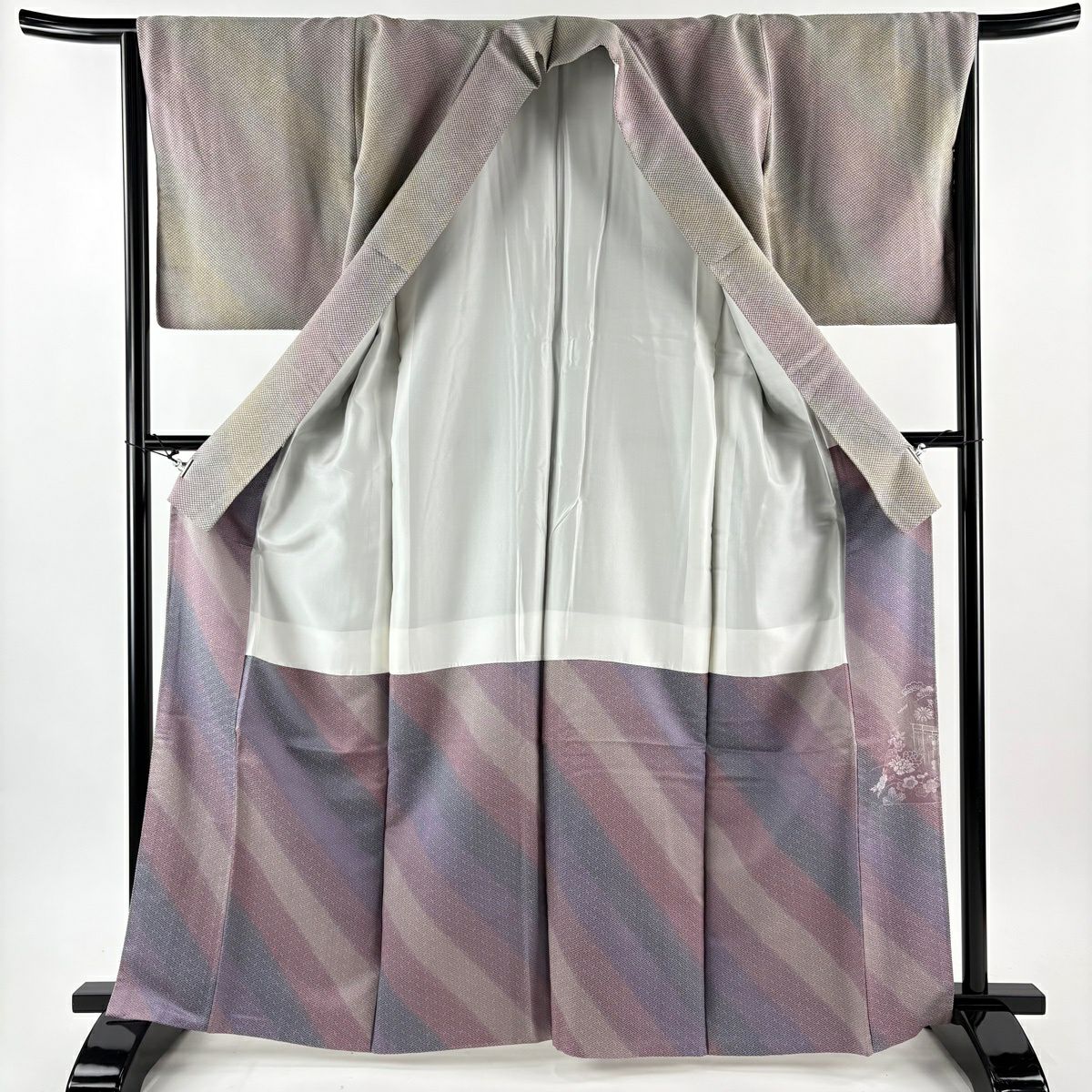 【美品】 付下 身長165cm 袖長65cm M 雙層 建物 松樹梅花 漸層 紅紫 純蠶絲 名品級