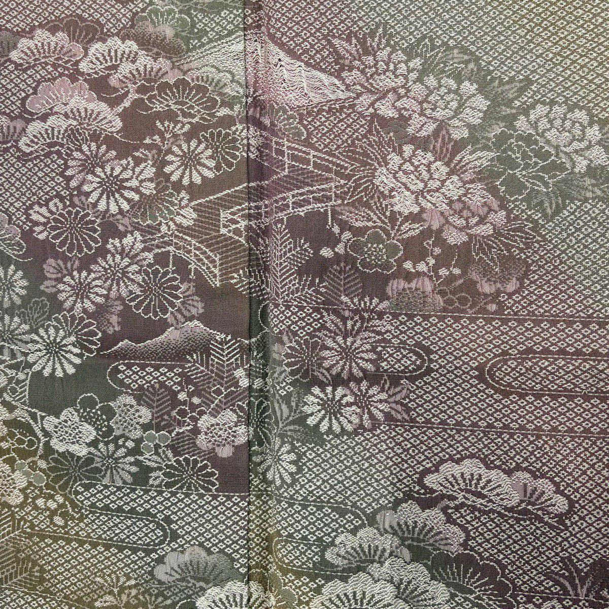 【美品】 付下 身長165cm 袖長65cm M 雙層 建物 松樹梅花 漸層 紅紫 純蠶絲 名品級