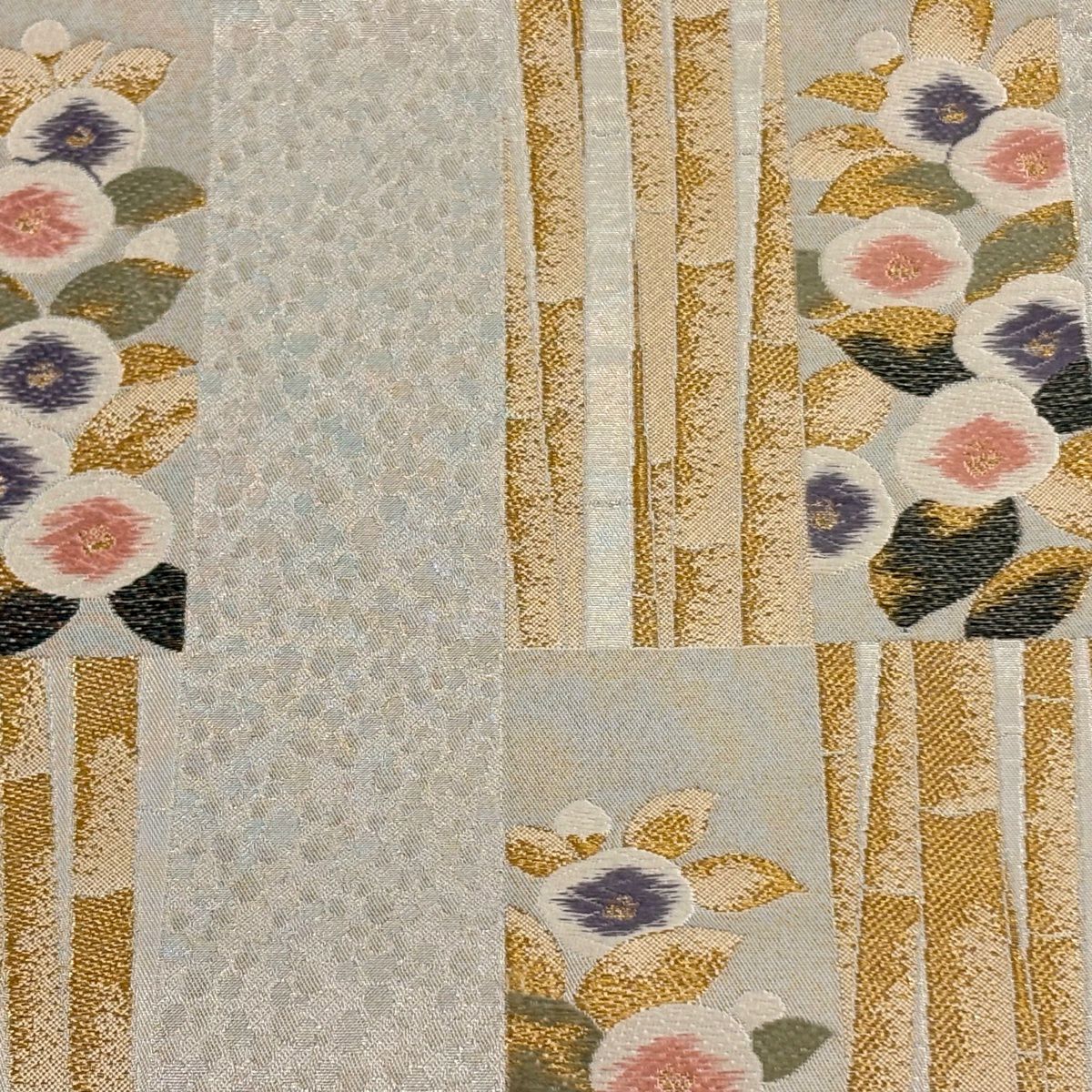 【美品】 袋帶 秀品級 椿 竹子 唐織 金金箔 銀 六通 純蠶絲