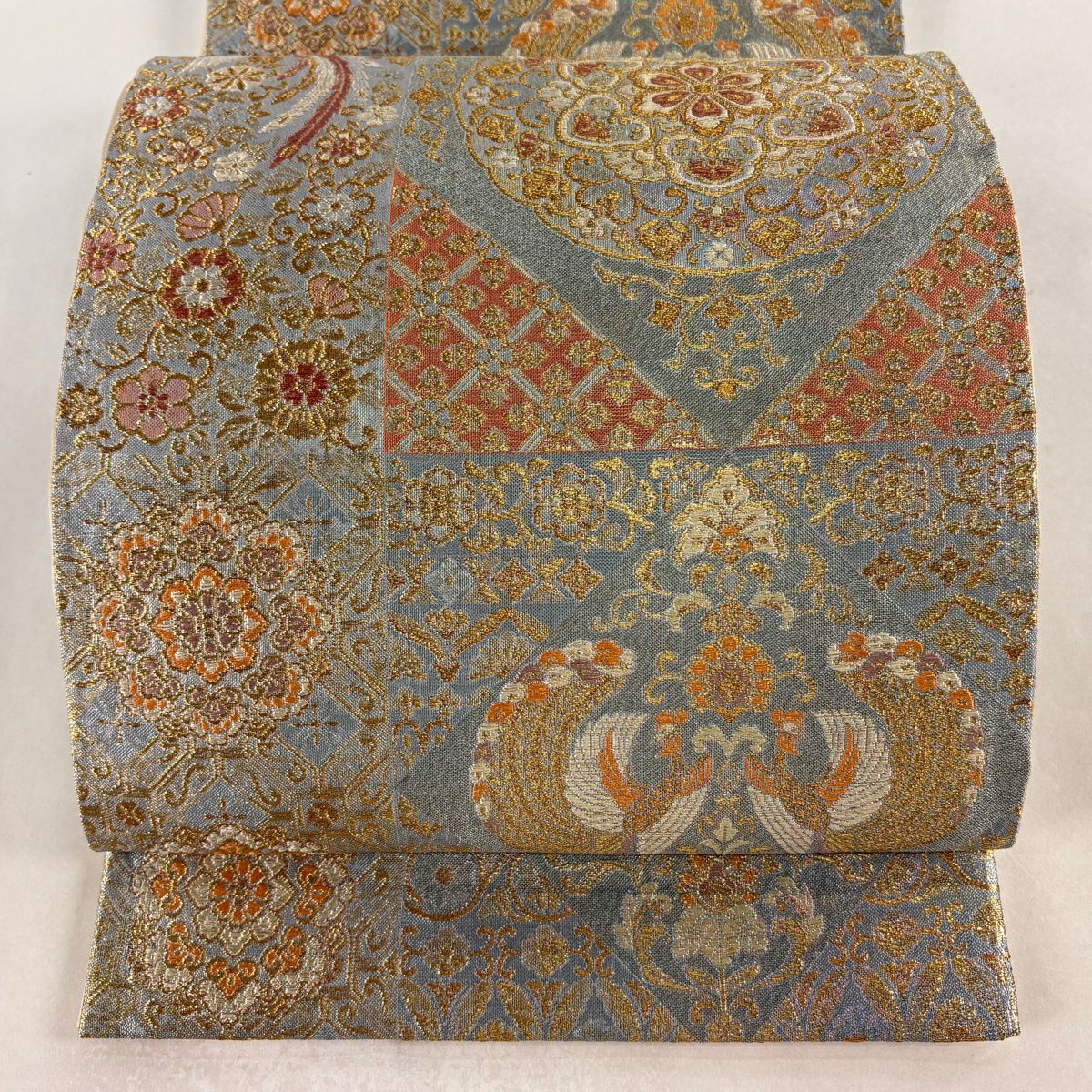 【美品】 袋帶 秀品級 華紋 向鳥 金絲 金金箔 青灰 六通 純蠶絲