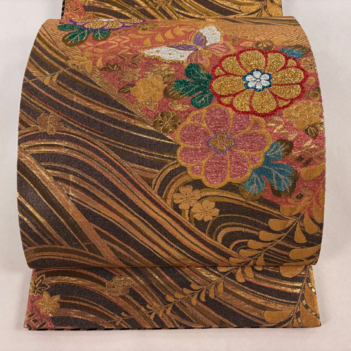 袋帶 秀品級 草花紋紋 波紋 金金箔 金絲 金色 六通 純蠶絲