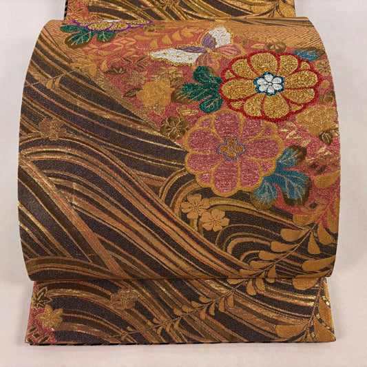 袋帶 秀品級 草花紋紋 波紋 金金箔 金絲 金色 六通 純蠶絲