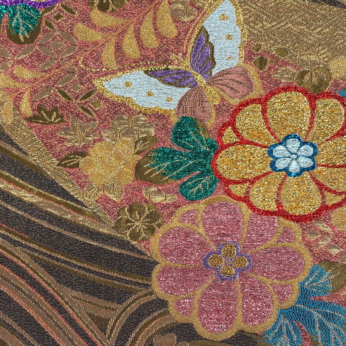 袋帶 秀品級 草花紋紋 波紋 金金箔 金絲 金色 六通 純蠶絲