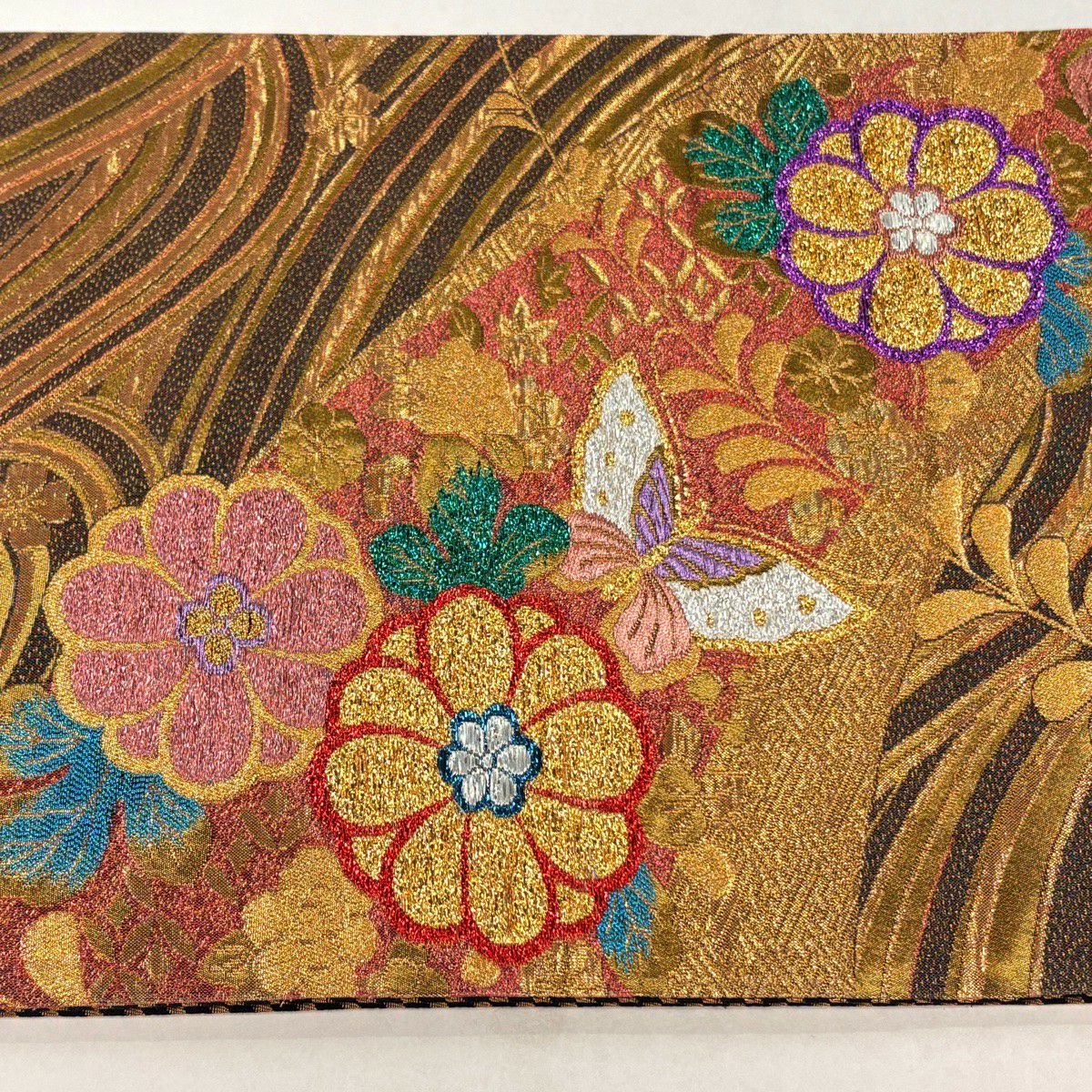 袋帶 秀品級 草花紋紋 波紋 金金箔 金絲 金色 六通 純蠶絲