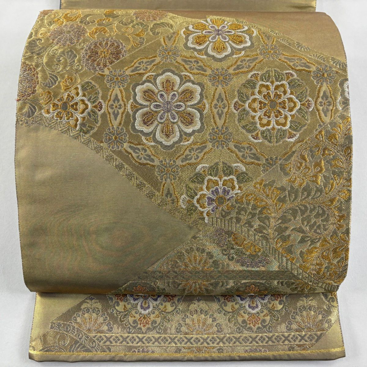 【美品】 袋帶 秀品級 關西仕立 華紋 菊花唐草紋 金線 刺繡 金色 大鼓圖案 純蠶絲