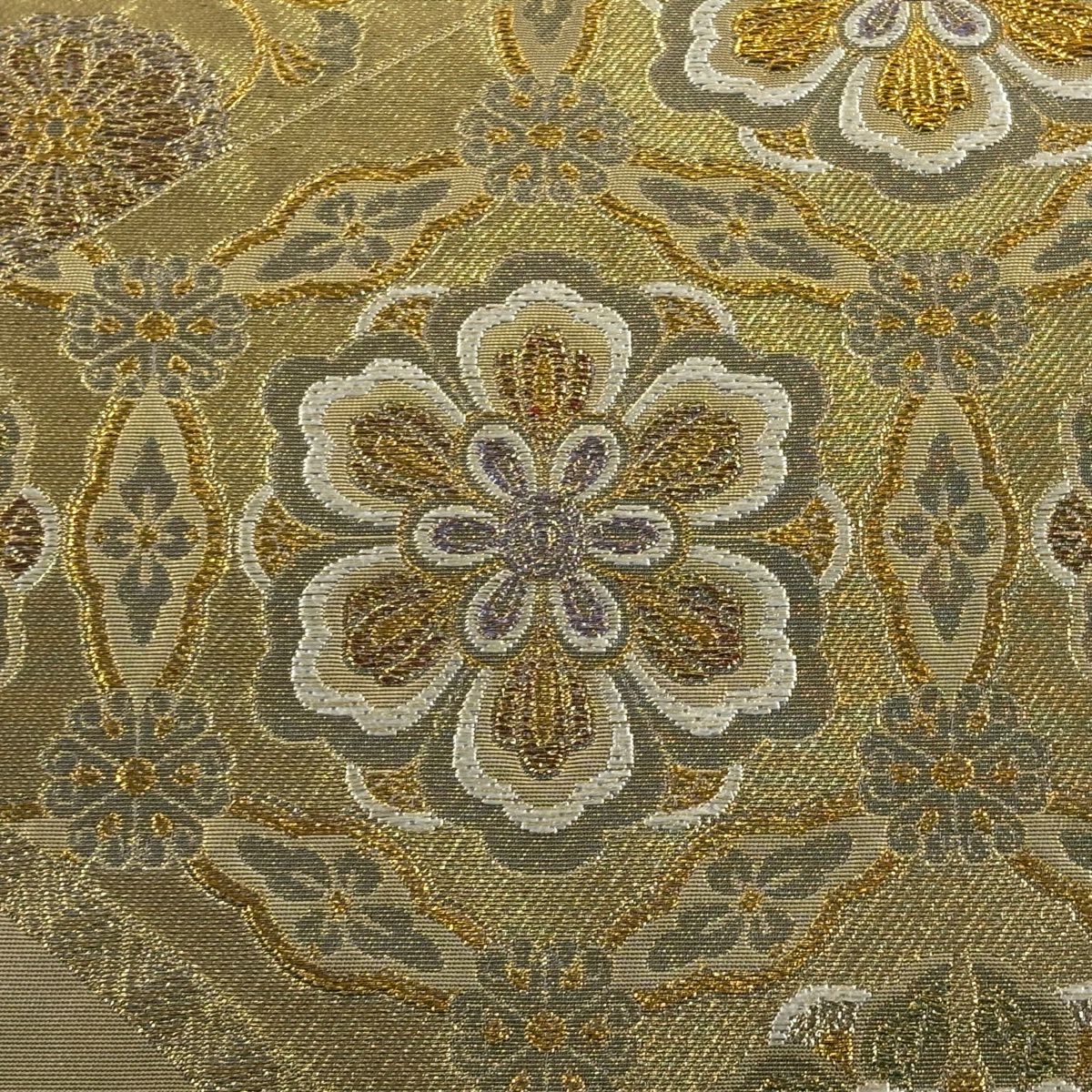 【美品】 袋帶 秀品級 關西仕立 華紋 菊花唐草紋 金線 刺繡 金色 大鼓圖案 純蠶絲