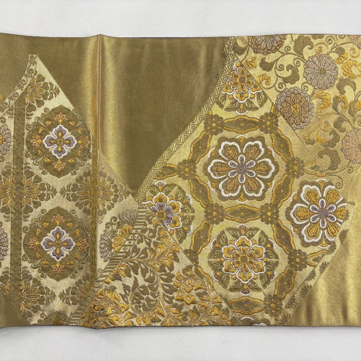 【美品】 袋帶 秀品級 關西仕立 華紋 菊花唐草紋 金線 刺繡 金色 大鼓圖案 純蠶絲