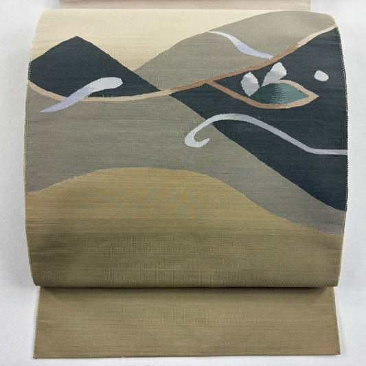 【美品】 名古屋帶 秀品級 八寸名古屋帶 松樹葉仕立 幾何學 抹茶 純蠶絲