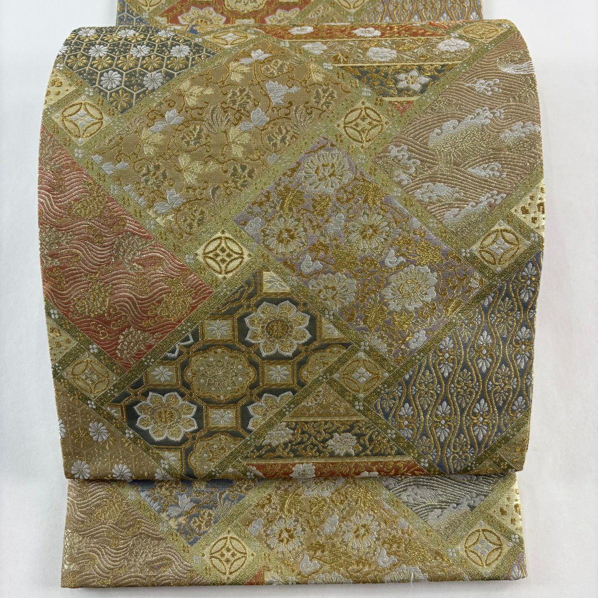【美品】 袋帶 秀品級 草花紋紋 荒磯 金絲 金金箔 抹茶 深藍 六通 純蠶絲