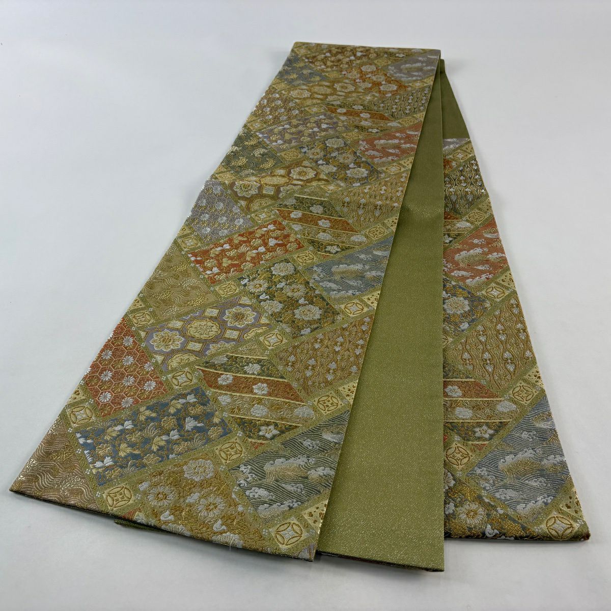 【美品】 袋帶 秀品級 草花紋紋 荒磯 金絲 金金箔 抹茶 深藍 六通 純蠶絲