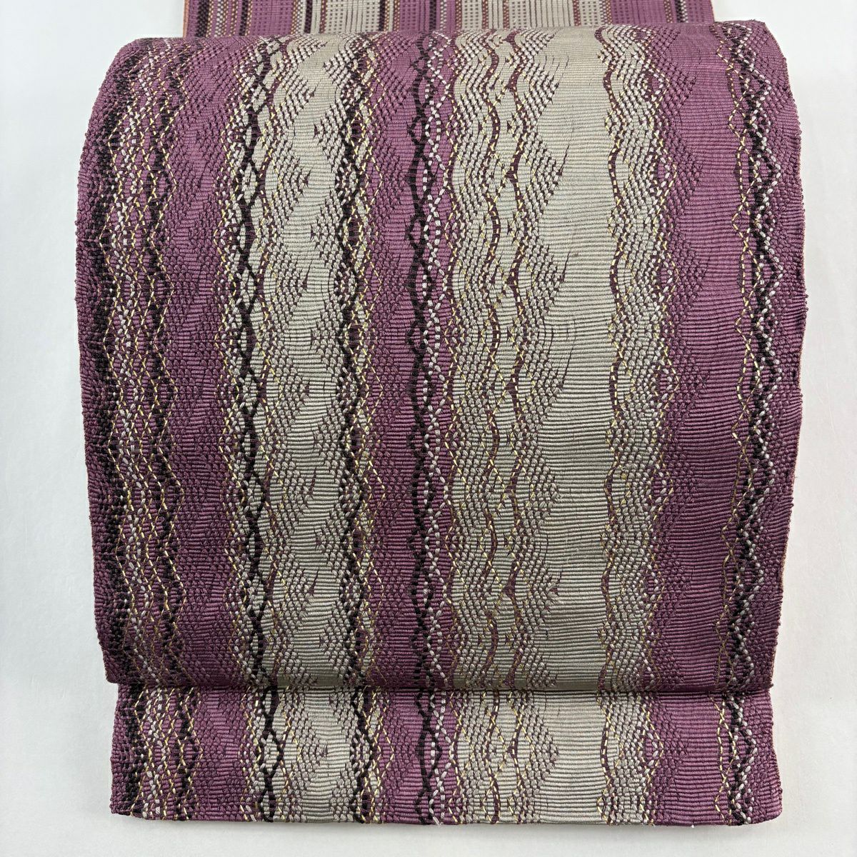 【美品】 袋帶 秀品級 幾何學 金絲 紫色 大鼓圖案 純蠶絲