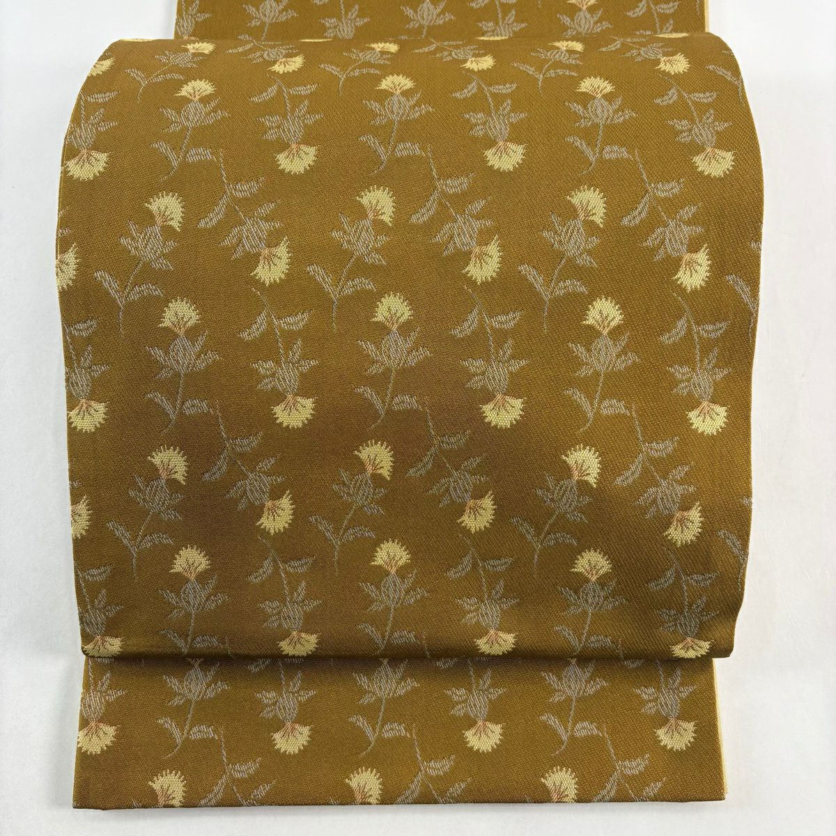 【美品】 袋帶 秀品級 草花紋 黃土 純蠶絲