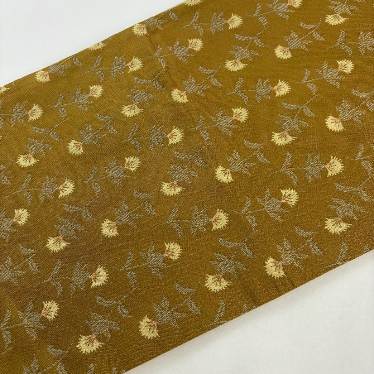 【美品】 袋帶 秀品級 草花紋 黃土 純蠶絲