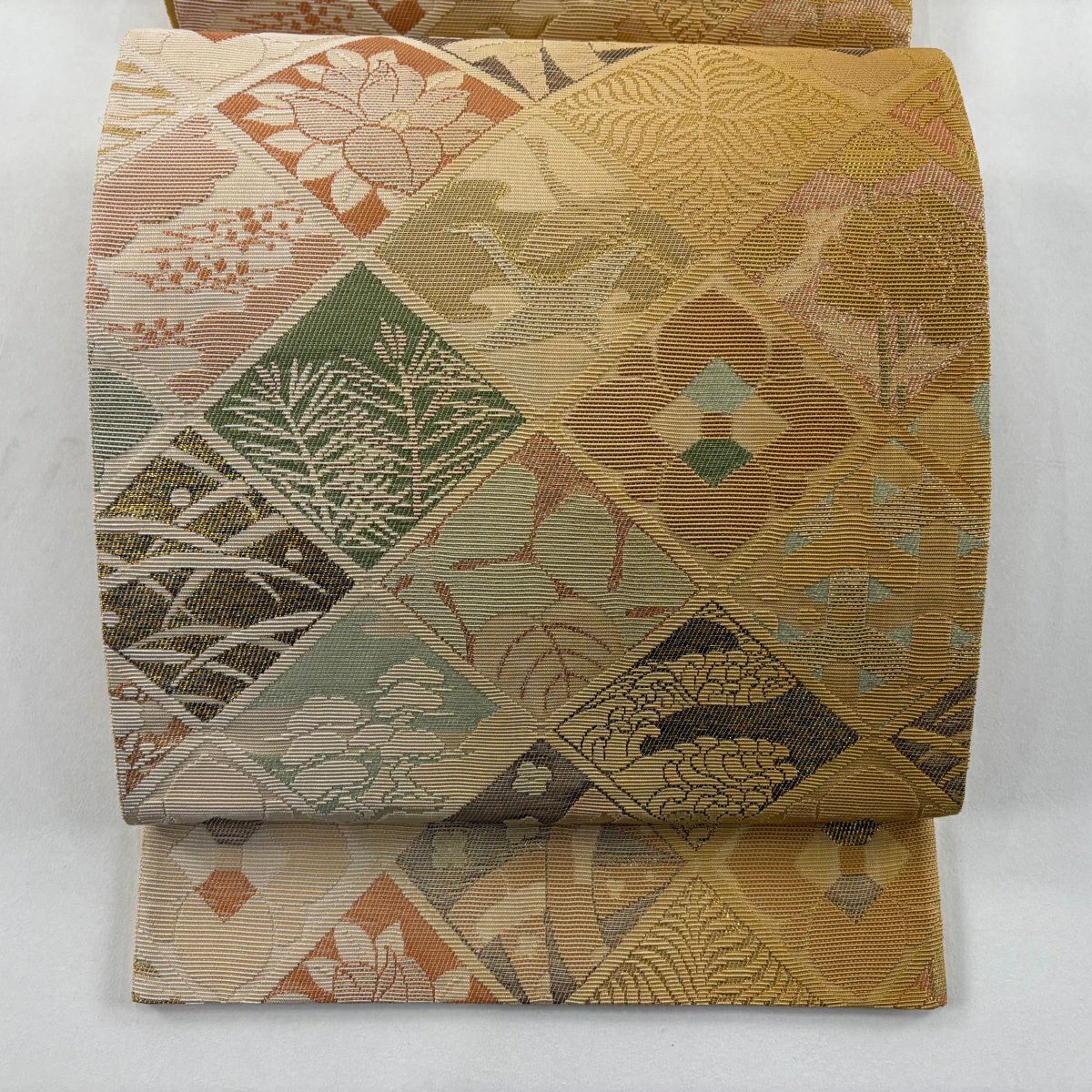 袋帶 秀品級 菱花鳥 金絲 本金金箔 淡黃土色 六通 純蠶絲