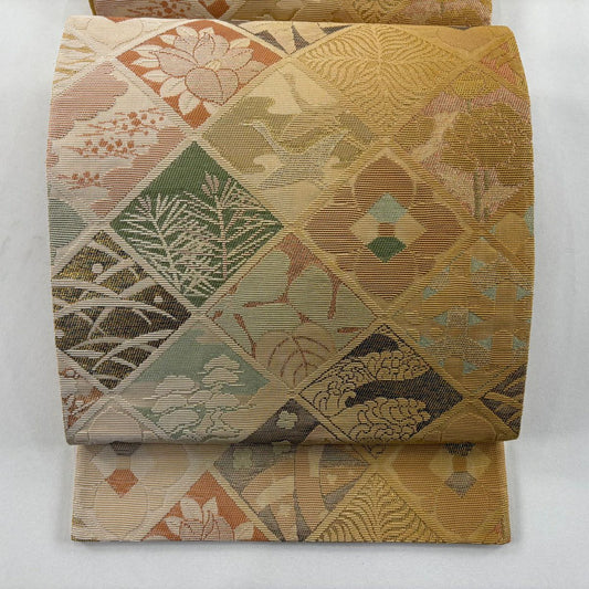 袋帶 秀品級 菱花鳥 金絲 本金金箔 淡黃土色 六通 純蠶絲