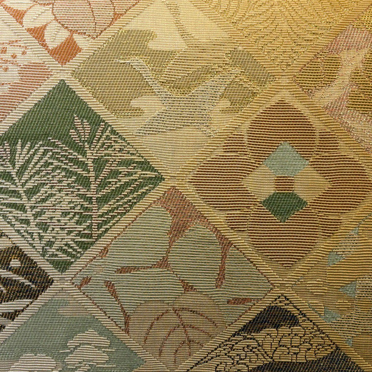 袋帶 秀品級 菱花鳥 金絲 本金金箔 淡黃土色 六通 純蠶絲