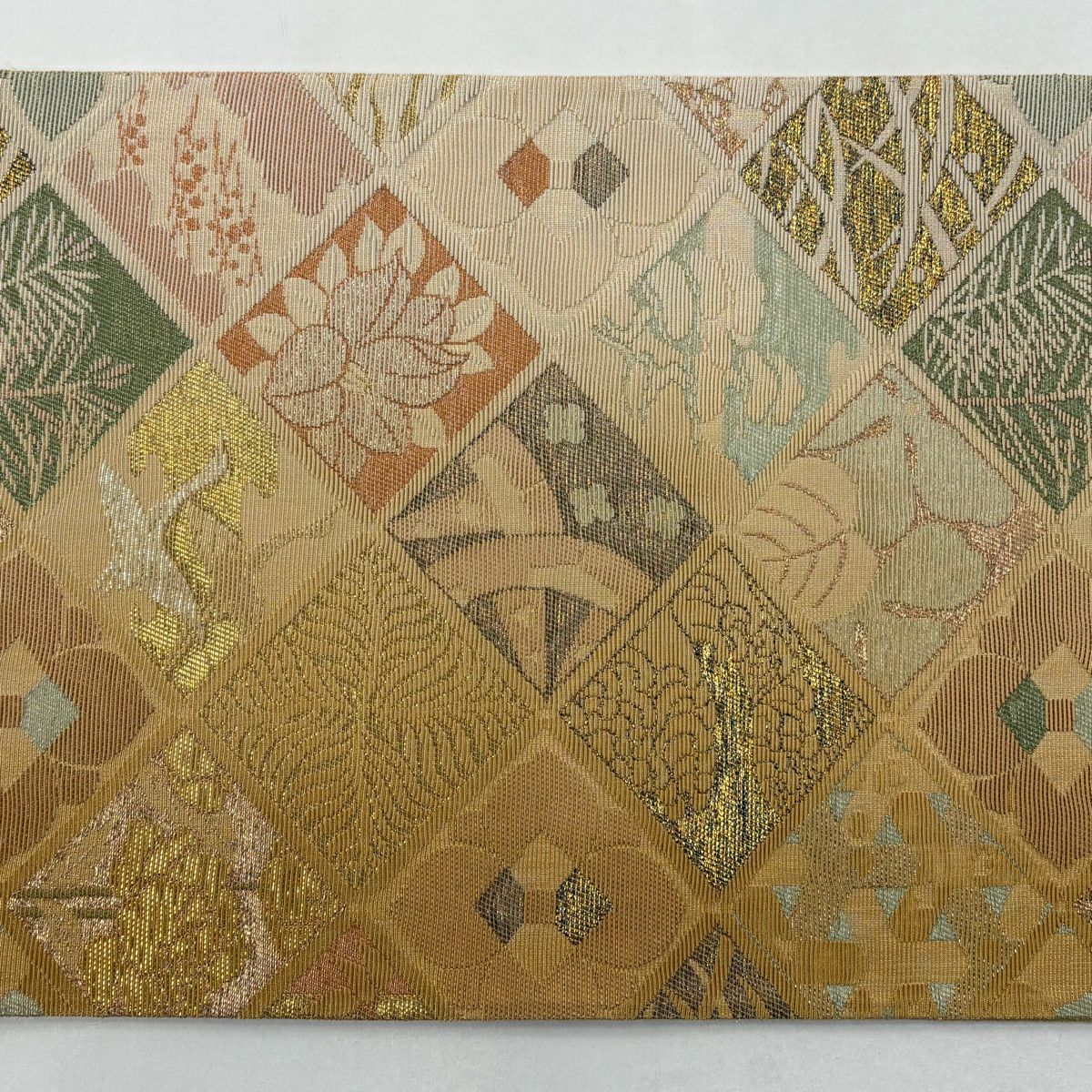 袋帶 秀品級 菱花鳥 金絲 本金金箔 淡黃土色 六通 純蠶絲