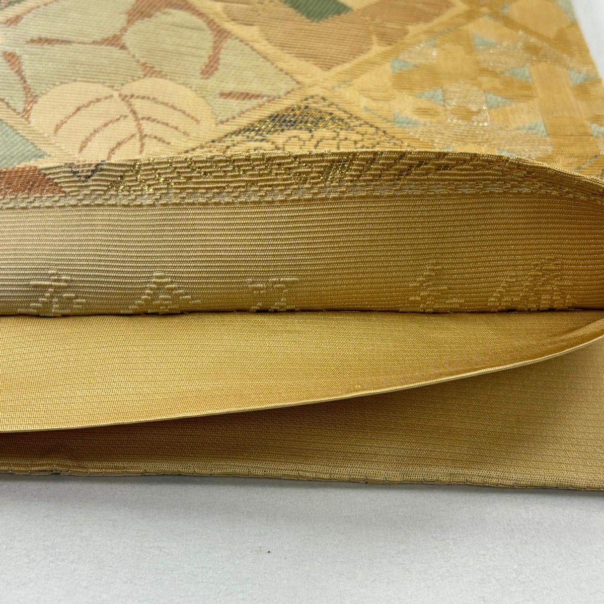 袋帶 秀品級 菱花鳥 金絲 本金金箔 淡黃土色 六通 純蠶絲