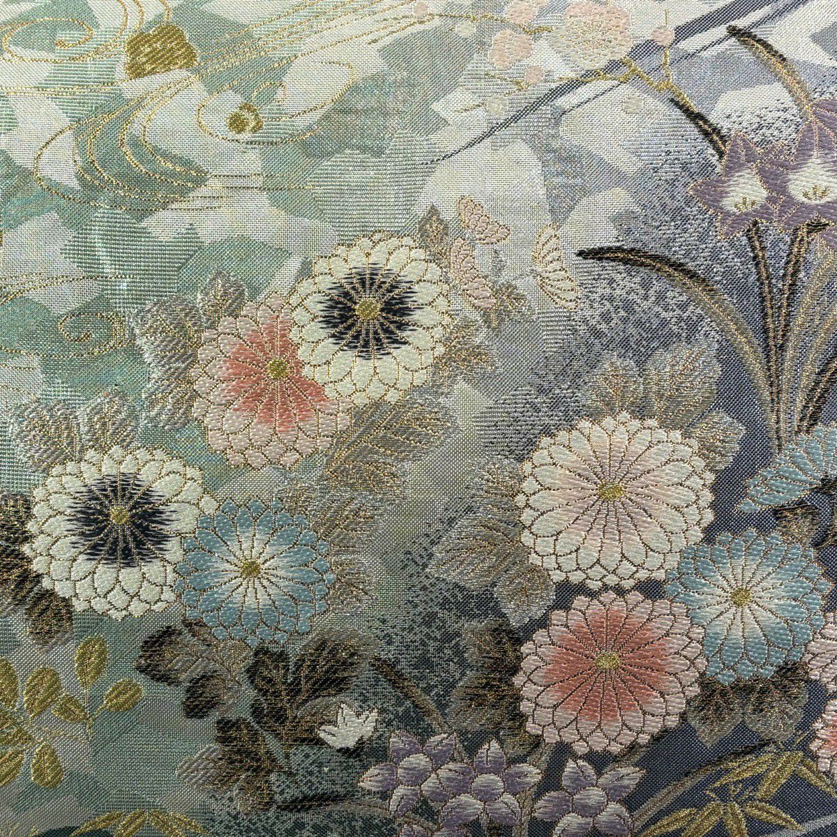 袋帶 秀品級 菊花 流水 金銀彩 金金箔 淺綠 六通 純蠶絲