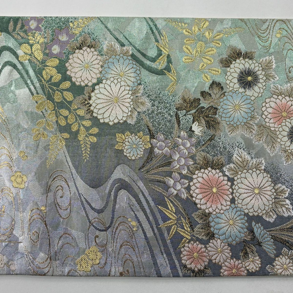 袋帶 秀品級 菊花 流水 金銀彩 金金箔 淺綠 六通 純蠶絲