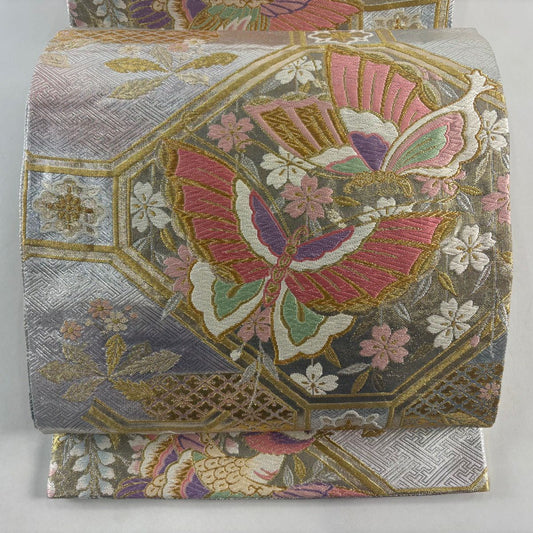 袋帶 秀品級 慶長佐賀錦 蝶 蜀江文 唐織 金金箔 銀 六通 純蠶絲