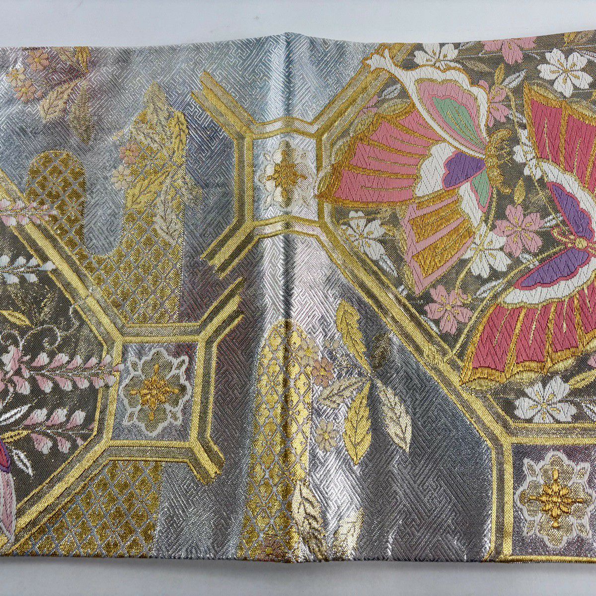 袋帶 秀品級 慶長佐賀錦 蝶 蜀江文 唐織 金金箔 銀 六通 純蠶絲