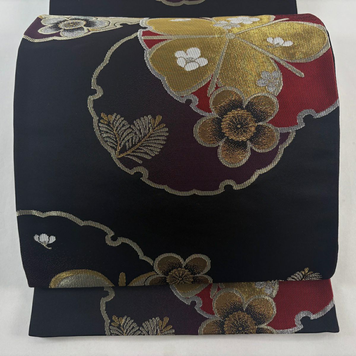 【美品】 袋帶 秀品級 雪輪 松樹梅花 金銀絲 金金箔 深紫 六通 純蠶絲