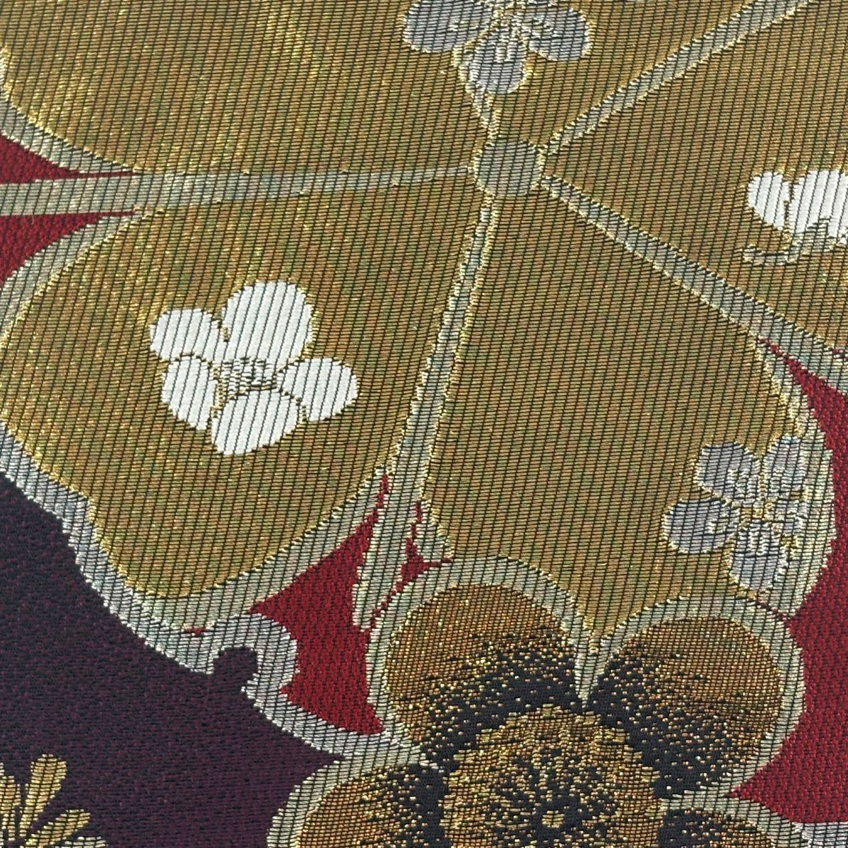 【美品】 袋帶 秀品級 雪輪 松樹梅花 金銀絲 金金箔 深紫 六通 純蠶絲
