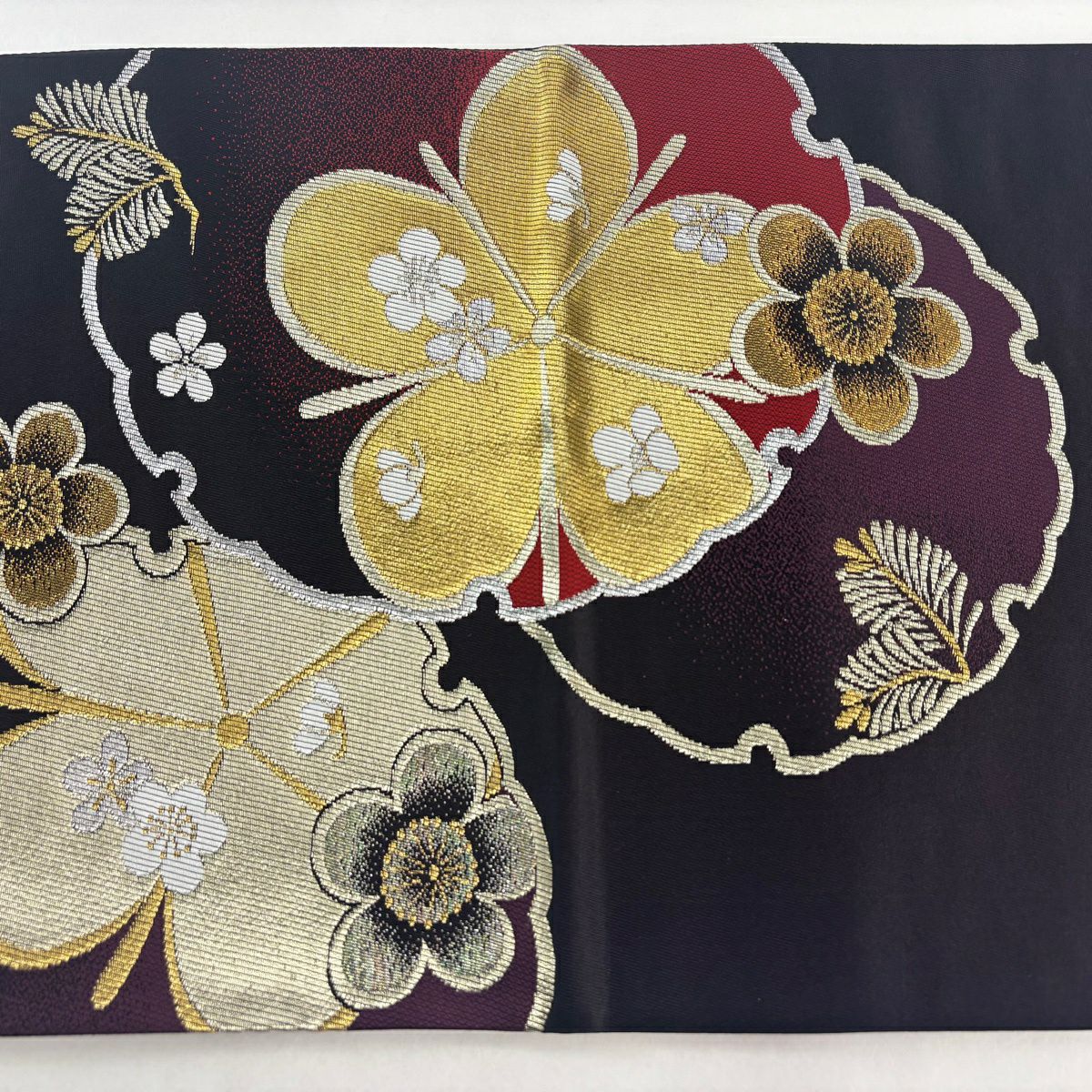 【美品】 袋帶 秀品級 雪輪 松樹梅花 金銀絲 金金箔 深紫 六通 純蠶絲