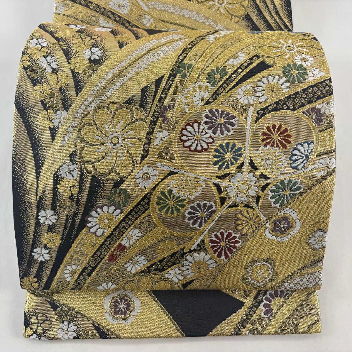【美品】 袋帶 秀品級 菊花 櫻花 金絲 金金箔 黑 六通 純蠶絲