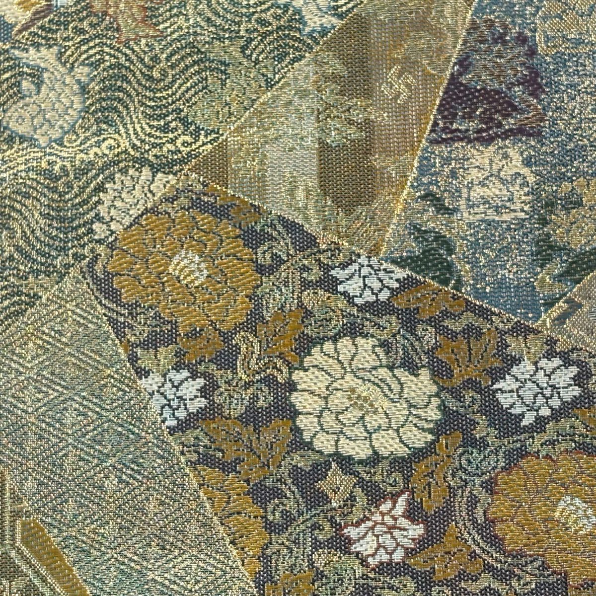 袋帶 秀品級 正倉院名物裂集成 花唐草紋 金糸 金金箔 灰綠 全通 純蠶絲