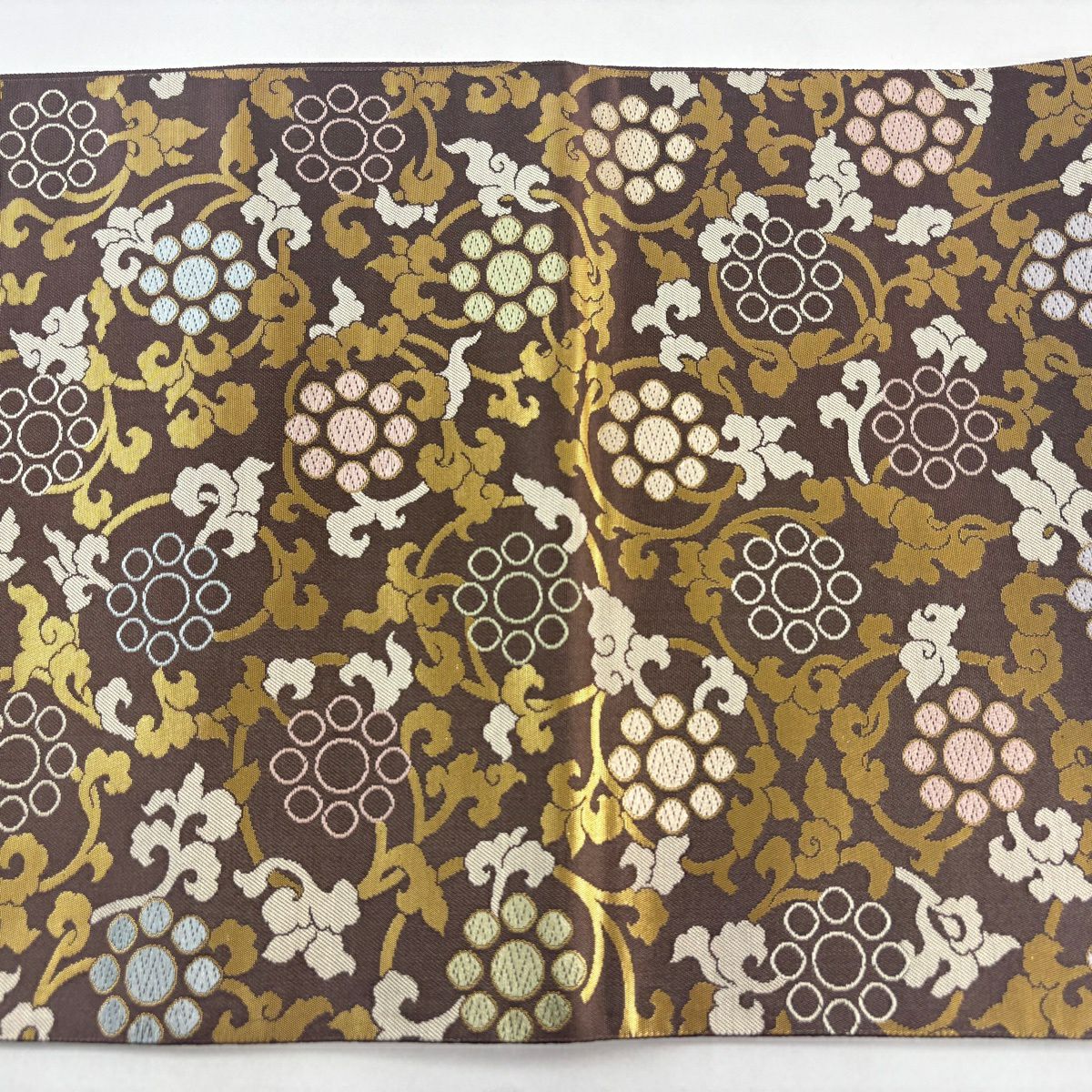 【美品】 袋帶 秀品級 花唐草紋 金金箔 唐織 焦茶 六通 純蠶絲