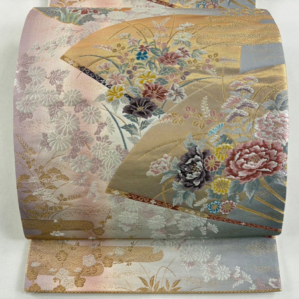 【美品】 袋帶 秀品級 草花紋 雪輪 刺繡 金金箔 灰 深藍 六通 純蠶絲