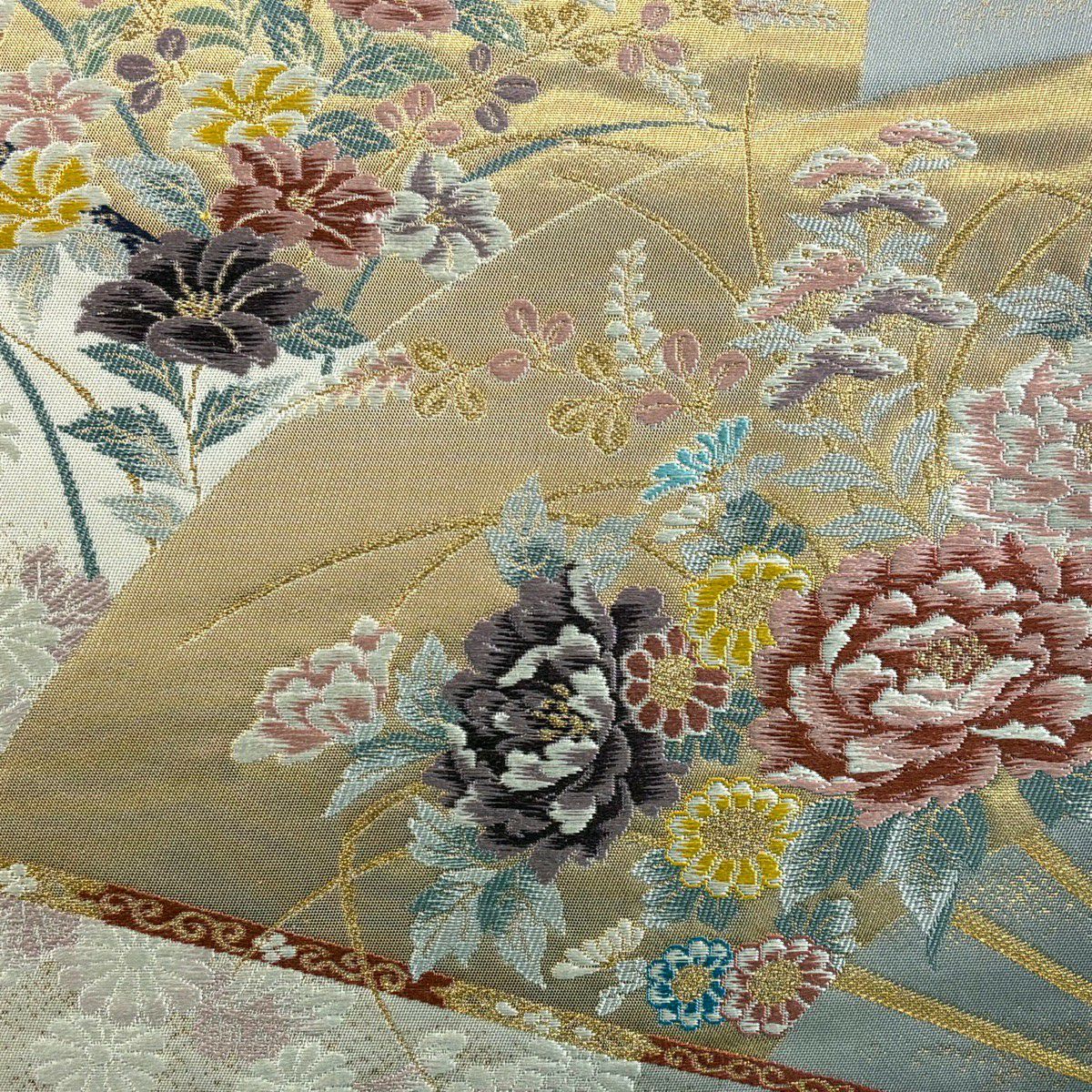 【美品】 袋帶 秀品級 草花紋 雪輪 刺繡 金金箔 灰 深藍 六通 純蠶絲