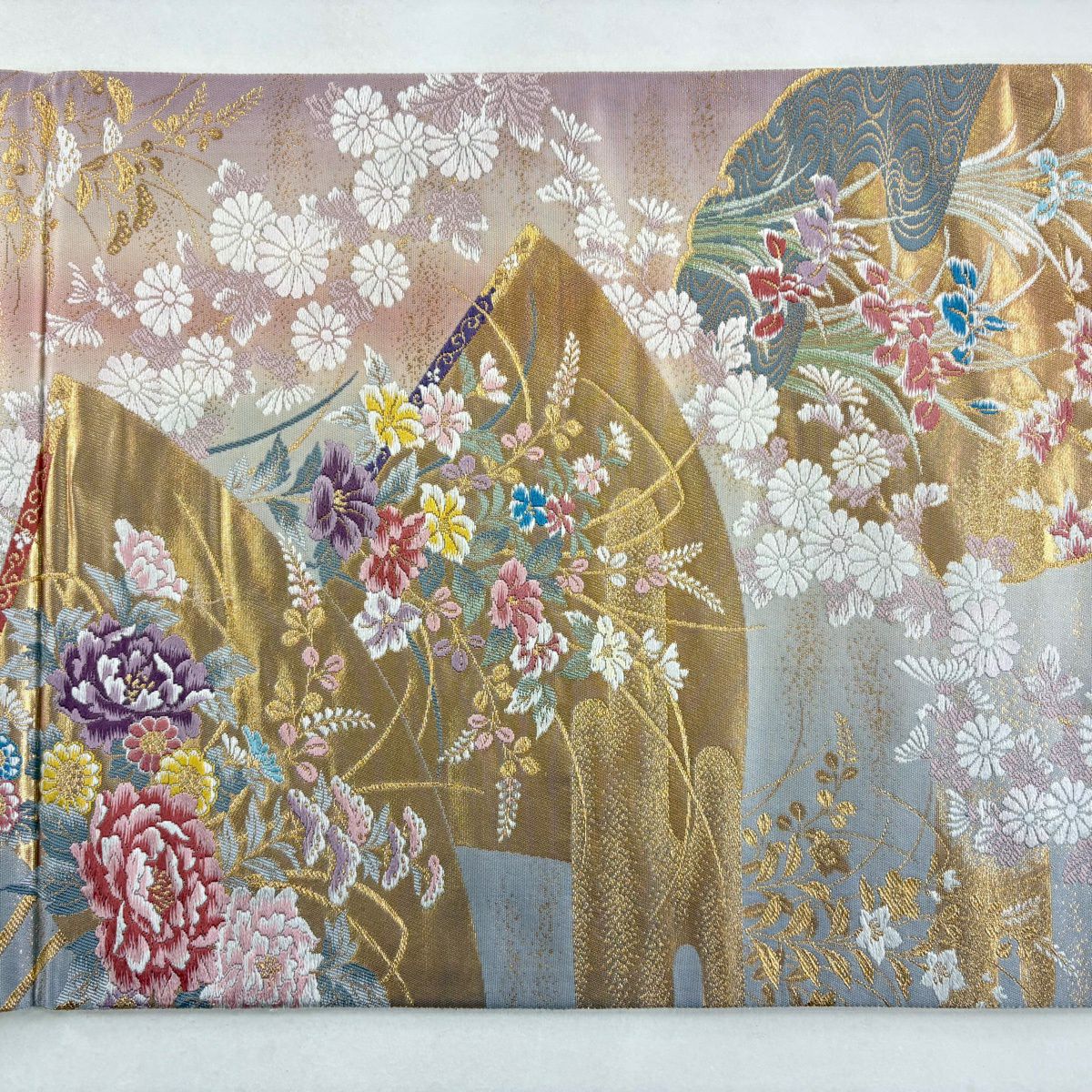 【美品】 袋帶 秀品級 草花紋 雪輪 刺繡 金金箔 灰 深藍 六通 純蠶絲