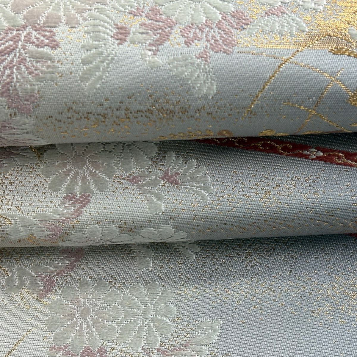 【美品】 袋帶 秀品級 草花紋 雪輪 刺繡 金金箔 灰 深藍 六通 純蠶絲